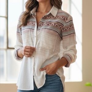 Maeve Anthropologie Stripe Button Front Blouse Size 4 Ivory